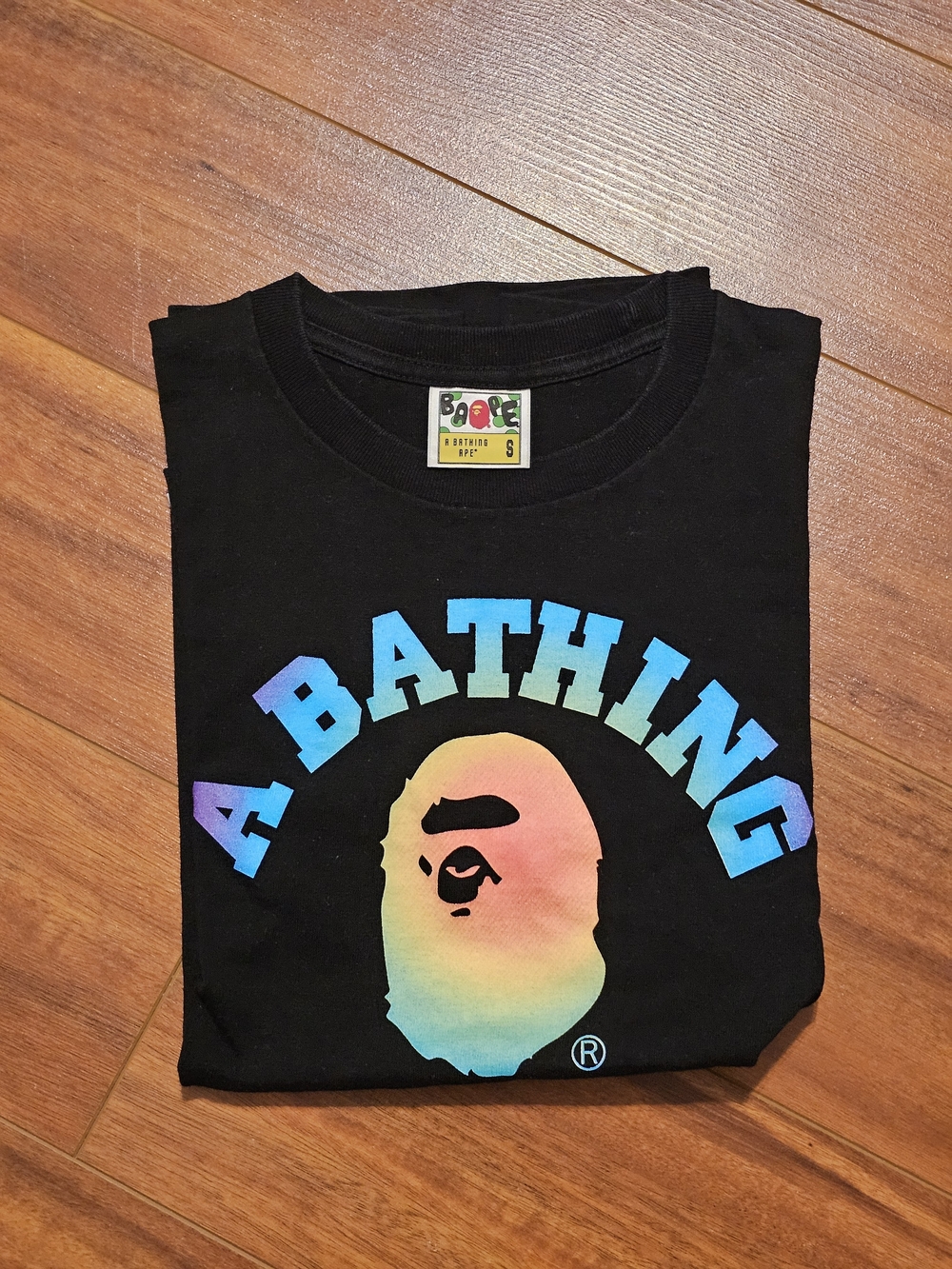 Bape A Bathing Ape Black Tee with Rainbow Gradient Ape Head